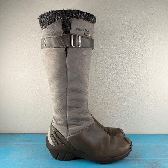 Merrell Womens Tall Leather & Knit Buckle Boots With Zipper Closure Gray Sz 5.5 - Picture 1 of 9